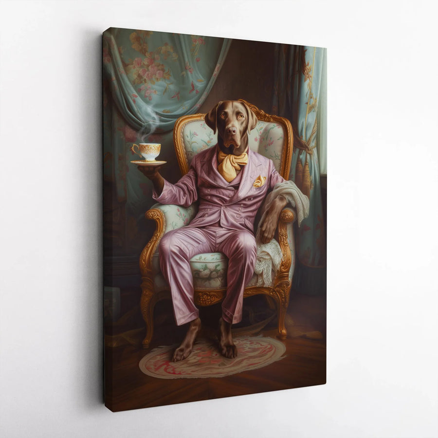 Dog Portrait Wall Art | Distinguished Gentleman in Pink Suit with Teacup | Premium Gallery Wrap Canvas | Unique Animal Lover Home Decor Gift