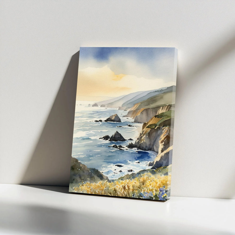 Coastal Landscape Canvas Print | Watercolor Rocky Shoreline Wall Art | Premium Gallery Wrap Decor | Nature Lover's Serene Home Gift