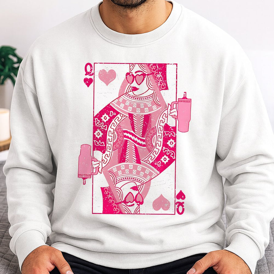 Queen Of Hearts Sweatshirt | Retro Playing Card Graphic | Soft Cotton Blend Unisex Pullover | Romantic Valentine's Day Gift For Her