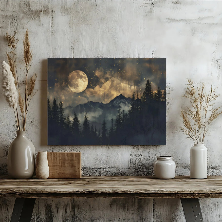 Mountain Forest Wall Art | Moody Full Moon Night Landscape | Premium 1.25" Gallery Wrapped Canvas | Minimalist Home Decor Gift