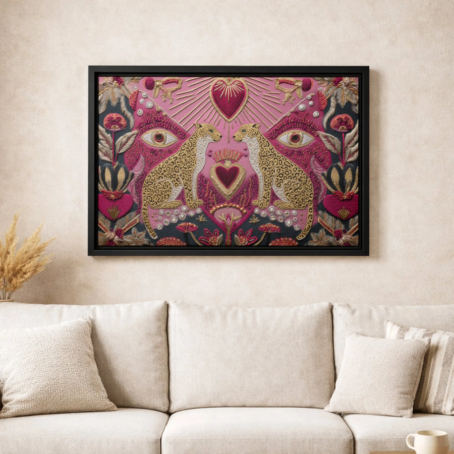 Boho Cheetah Wall Art | Sacred Heart & All-Seeing Eye Print | Premium Gallery Wrap Canvas | Surreal Maximalist Home Decor Gift