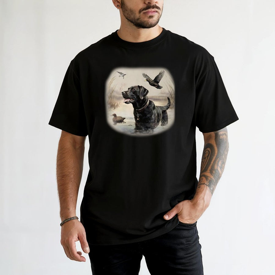 Black Labrador Duck Hunting T-Shirt | Vintage Wildlife Retriever Graphic | Premium 100% Cotton Tee | Gift for Dog Lovers & Outdoorsmen