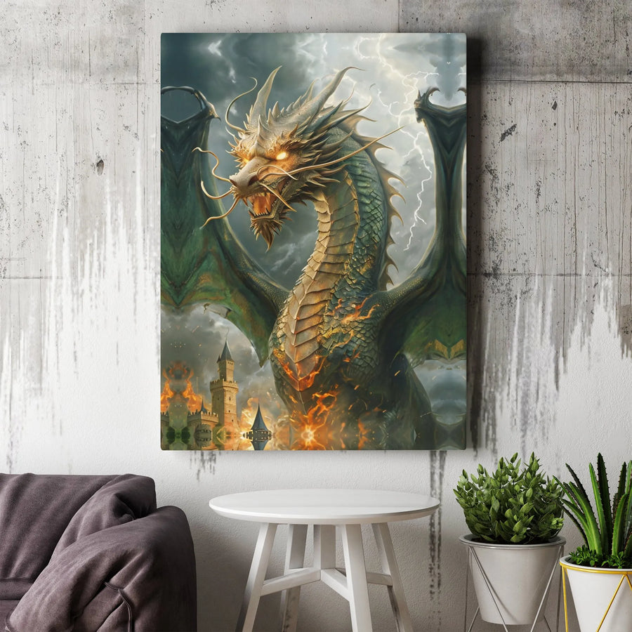 Dragon Canvas Wall Art | Ferocious Beast Attacking Burning Castle Print | Premium Gallery Wrapped | Epic Fantasy Home Decor Gift