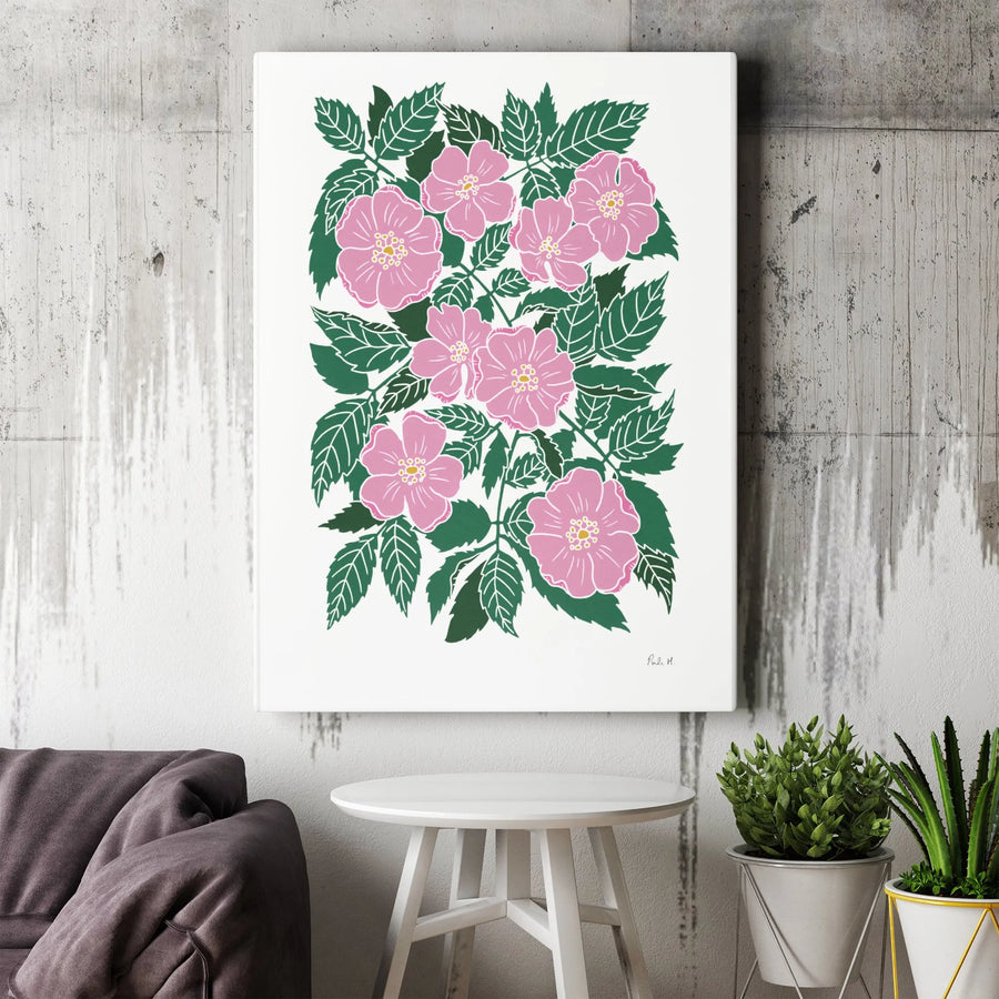 Wild Rose Canvas Wall Art | Linocut Style Pink Briar Rose Illustration | Premium 1.25" Thick Canvas | Modern Botanical Home Decor Gift