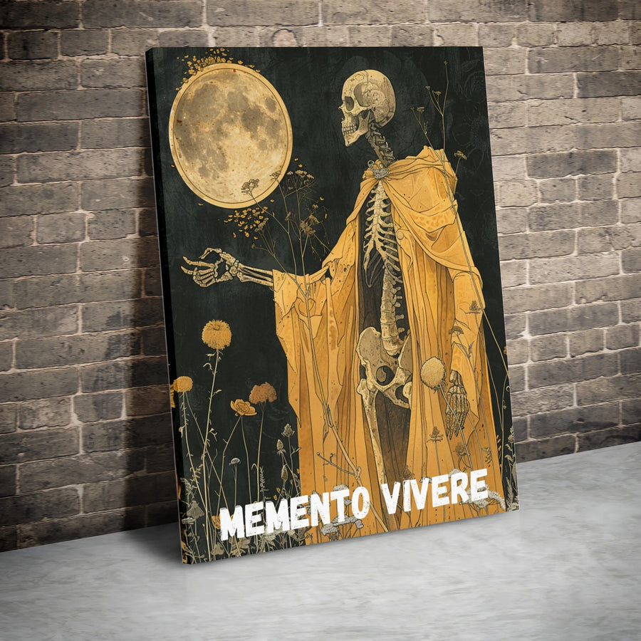 Memento Vivere Skeleton Canvas Art | Gothic Full Moon Illustration | Premium Fade-Resistant Gallery Wrap | Dark Academia Home Decor Gift