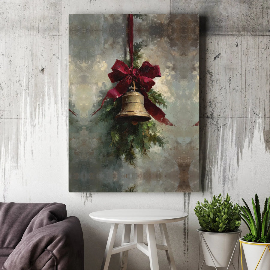 Vintage Christmas Bell Canvas Wall Art | Red Bow & Pine Branch Painting | Premium Gallery Wrap Decor | Festive Holiday Home Interior Gift