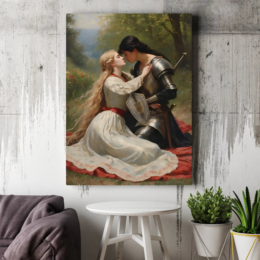 Sapphic Knight and Princess Canvas | Romantic Medieval Fantasy Art | Premium Gallery Wrap Wall Decor | Anniversary Gift for Her