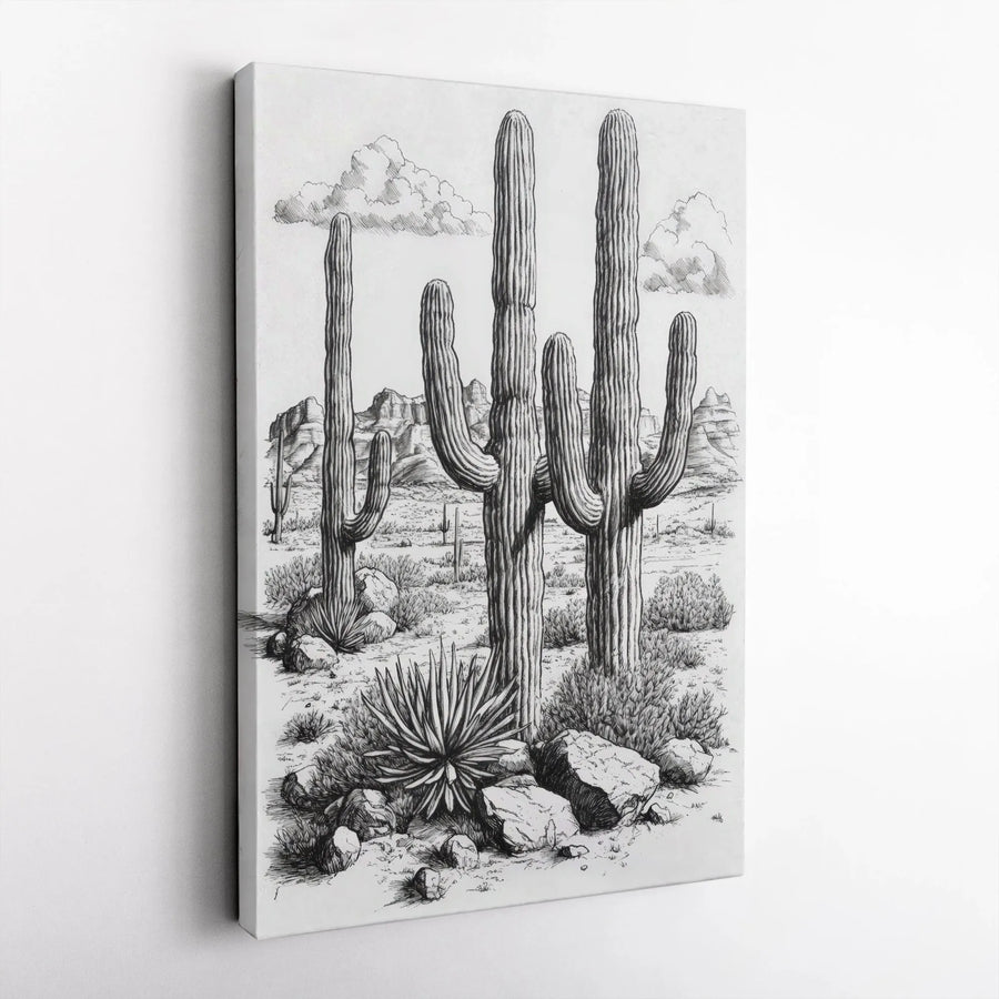Saguaro Cactus Desert Wall Art | Black and White Landscape Sketch | Premium Gallery Canvas | Southwest Home Decor Gift for Nature Lovers