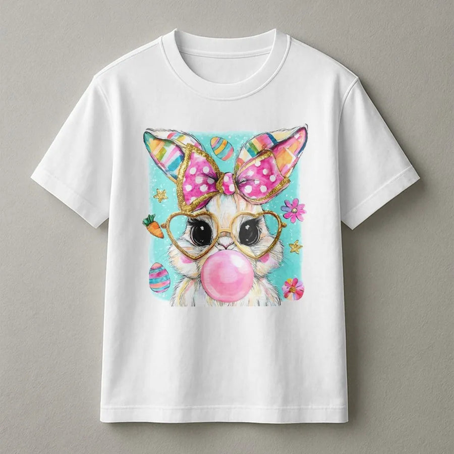 Easter Bunny T-Shirt | Bubblegum Bunny Heart Glasses Graphic | Premium Soft Cotton | Cute Spring Rabbit Gift for Women & Kids