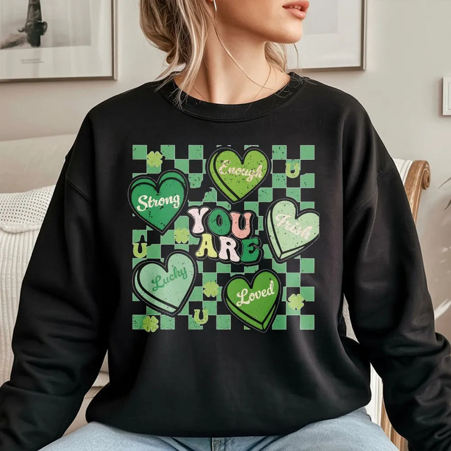 St. Patrick's Day Sweatshirt | Retro Checkerboard Lucky Irish Hearts Graphic | Premium Cotton Blend Crewneck | Cute Teacher Holiday Gift