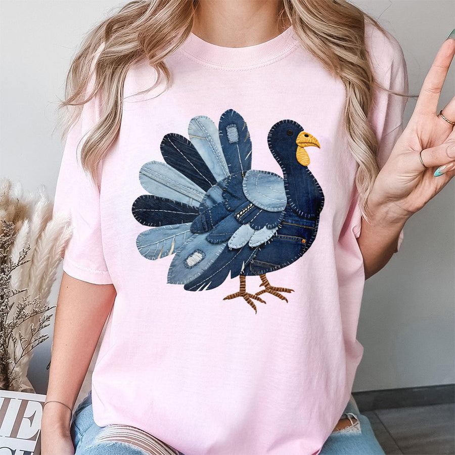 Denim Patchwork Turkey T-Shirt | Rustic Farmhouse Thanksgiving Design | 100% Cotton Premium Quality | Festive Fall Graphic Tee for Men and Women