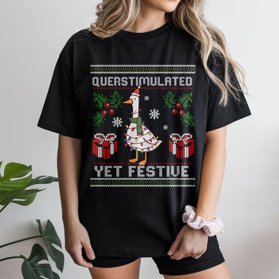 Overstimulated Yet Festive Goose T-Shirt | Funny Ugly Christmas Sweater Design | Premium Cotton Tee | Holiday Gift For Duck Lovers