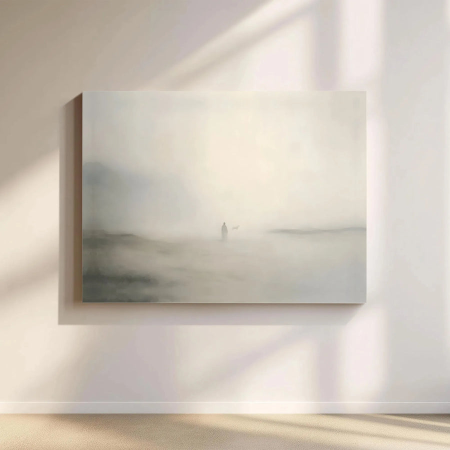 Atmospheric Landscape Canvas Print | Ethereal Figure with Wolf in Mist | Premium Gallery Wrapped Canvas | Modern Minimalist Home Decor Gift