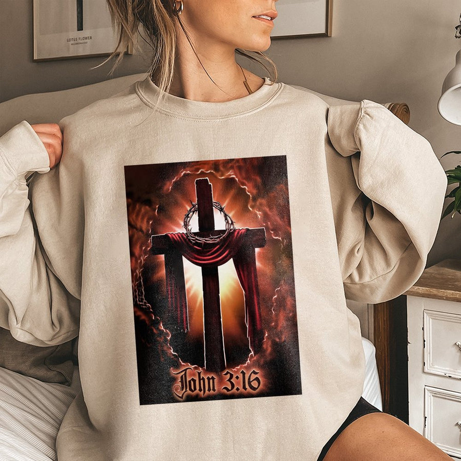 John 3:16 Cross Sweatshirt | Religious Faith Graphic Print | Premium Cotton Blend Crewneck | Christian Gift for Men and Women