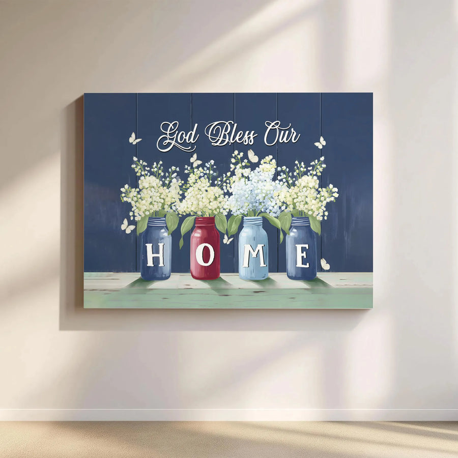 God Bless Our Home Canvas Art | Mason Jar Farmhouse Wall Decor | Premium Fade-Resistant Print | Rustic Religious Gift for Family