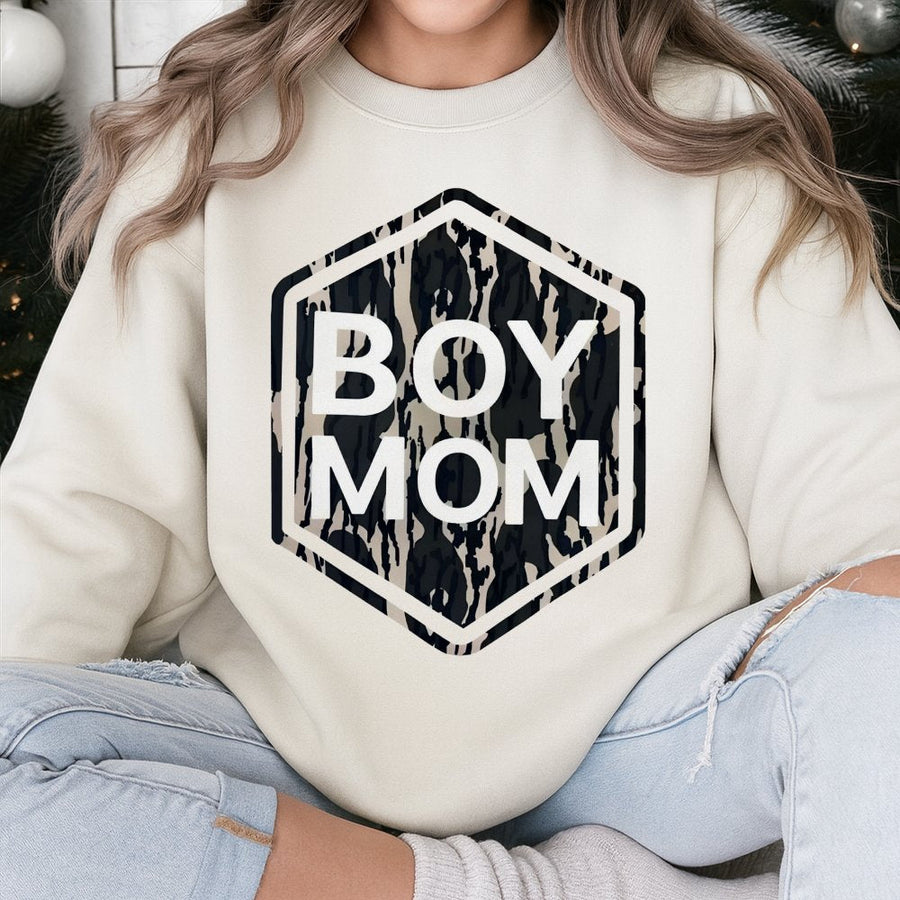 Boy Mom Sweatshirt | Vintage Camo Hexagon Print | Premium Cotton-Blend | Trendy Gift for Her