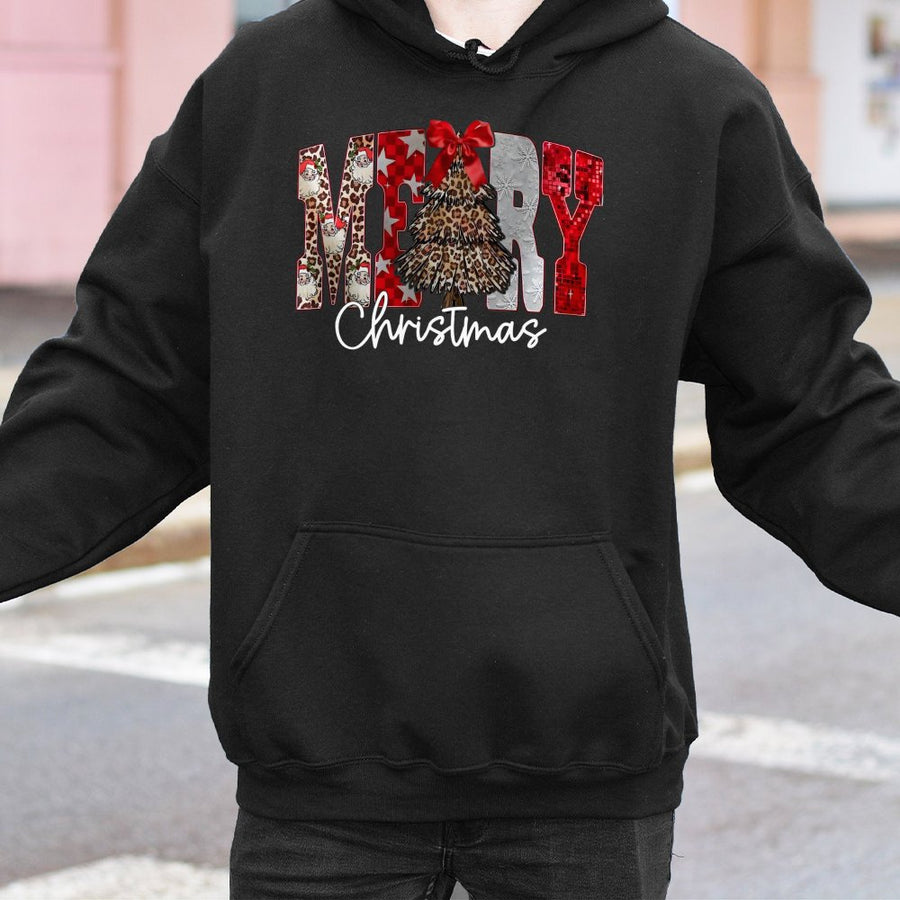 Merry Christmas Leopard Print Hoodie | Festive Santa Tree Graphic | Soft Cotton-Blend Pullover | Cozy Holiday Gift for Women and Men