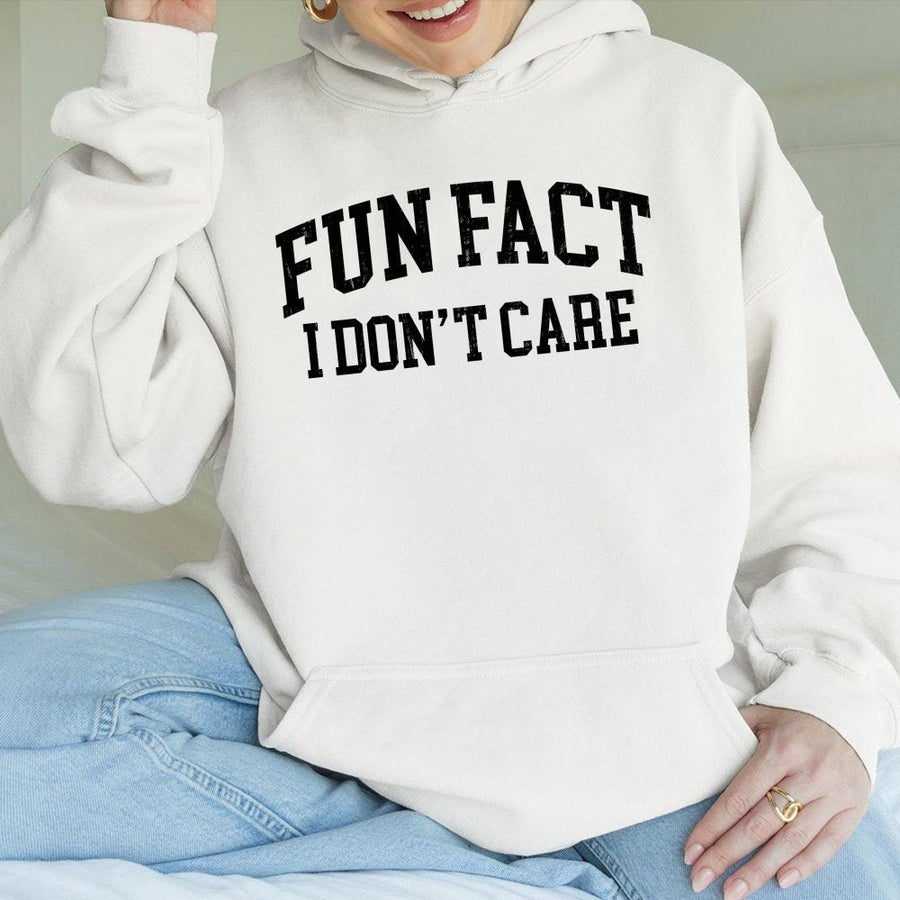 Fun Fact I Don't Care Hoodie | Sarcastic Graphic Retro Typography | Cotton-Blend Premium Comfort | Funny Slogan Gift for Men and Women