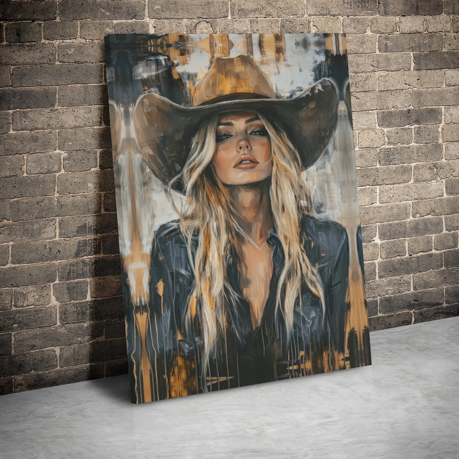 Western Cowgirl Canvas Wall Art | Abstract Blonde Woman Portrait | Premium Gallery Wrapped Print | Modern Farmhouse Home Decor Gift