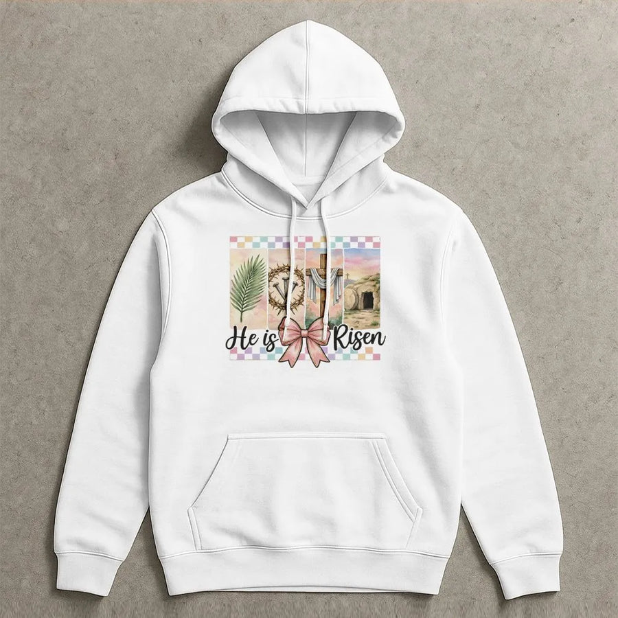 He Is Risen Hoodie | Watercolor Cross and Empty Tomb Design | Premium Cotton-Blend | Religious Easter Gift for Women and Men
