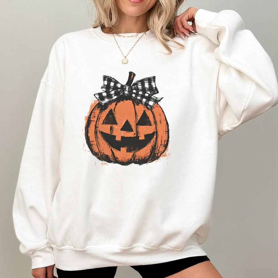 Halloween Pumpkin Sweatshirt | Retro Coquette Bow Graphic | Premium Cotton Blend | Trendy Fall Gift for Women