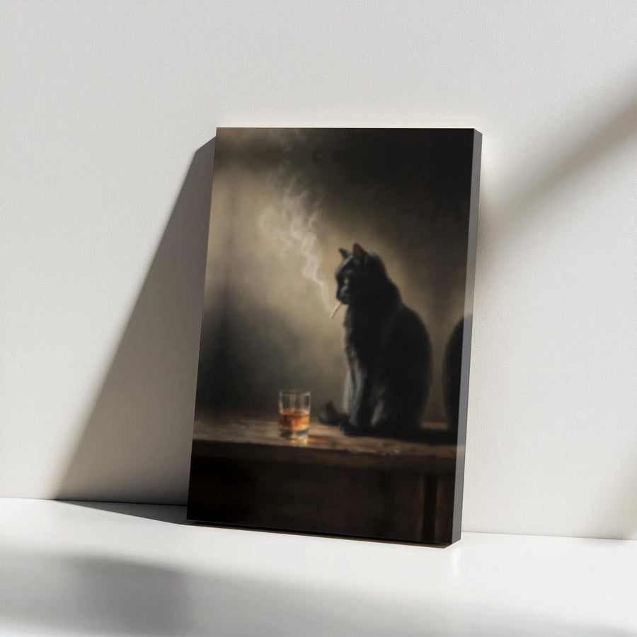 Black Cat Smoking Canvas Art | Moody Whiskey Bar Aesthetic | Premium Gallery Wrap Print | Unique Gift for Cat Lovers & Home Office Decor