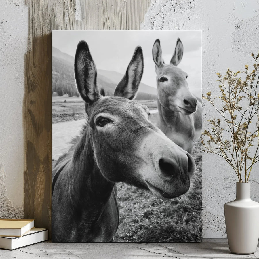 Two Donkeys Wall Art | Monochrome Farm Animal Photography | Premium 1.25" Gallery Wrap Canvas | Rustic Modern Home Decor Gift