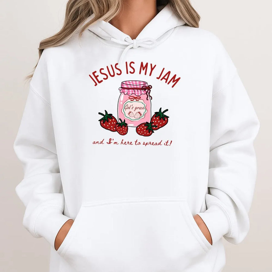 Jesus Is My Jam Hoodie | Cute Strawberry Graphic Christian Sweatshirt | Soft Cotton-Blend Premium Apparel | Faith Based Gift For Her & Him