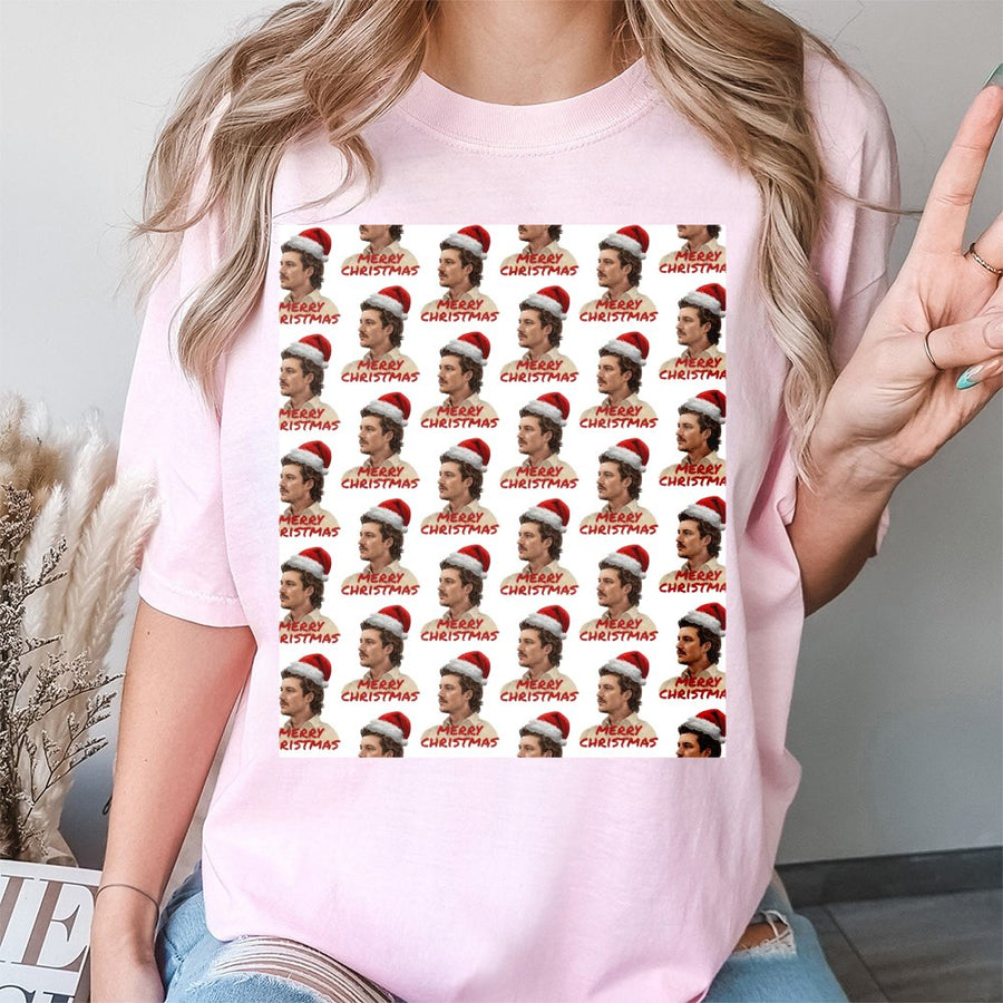 Christmas Graphic T-Shirt | Retro Santa Hat Man Pattern Print | 100% Cotton Premium Tee | Fun Holiday Festive Gift for Him and Her