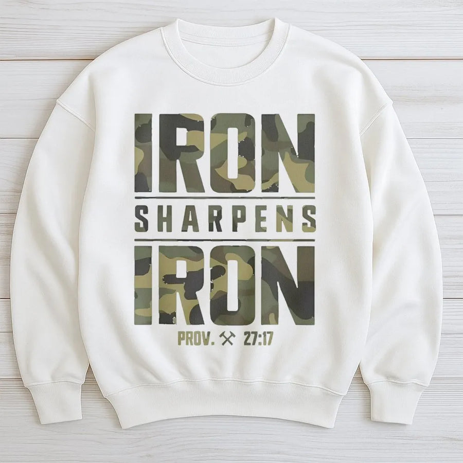 Iron Sharpens Iron Sweatshirt | Proverbs 27:17 Camo Graphic | Premium Cotton Blend | Christian Faith Gift for Men and Women