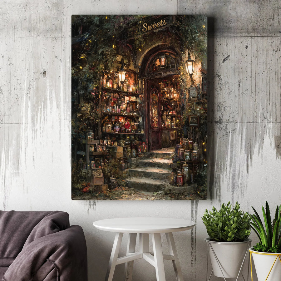 Magical Sweet Shop Canvas Print | Enchanted Cottagecore Decor | Gallery-Wrapped Premium Artwork | Fantasy Wall Art Gift for Book Lovers