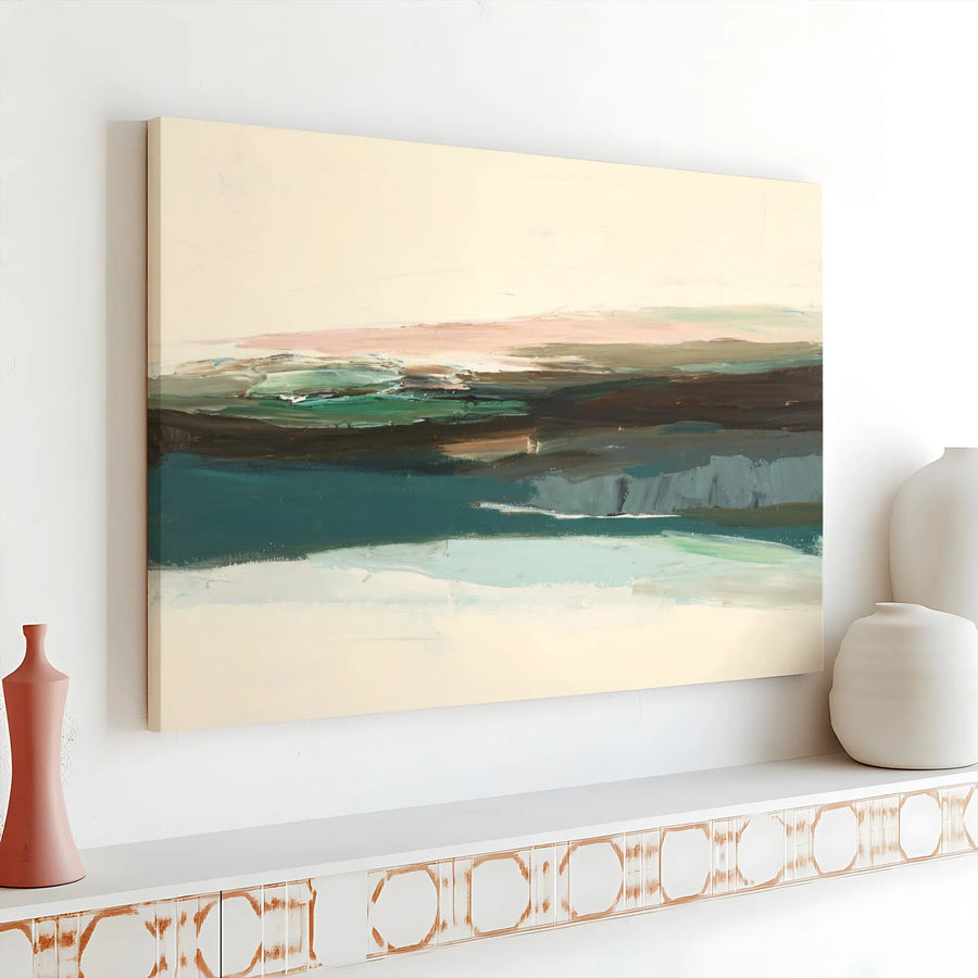Abstract Landscape Horizontal Canvas | Modern Earthy Green and Teal Wall Art | Premium 1.25 Inch Frameless Gallery Wrap | Minimalist Nature Print Decor for Living Room Office