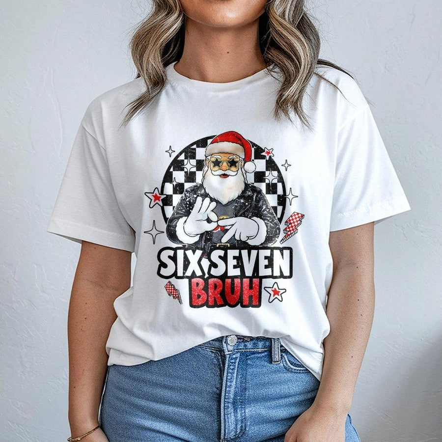 Six Seven Bruh Christmas T-Shirt | Funny Santa Rockstar Design | Premium Cotton Graphic Tee | Viral Internet Meme Holiday Gift for Him