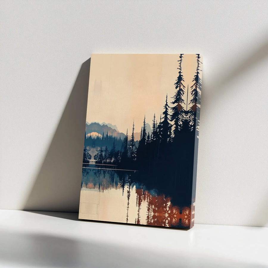 Mountain Forest Canvas Wall Art | Abstract Pine Trees and Lake Reflection | Premium Gallery Wrapped Canvas | Modern Rustic Home Decor Gift