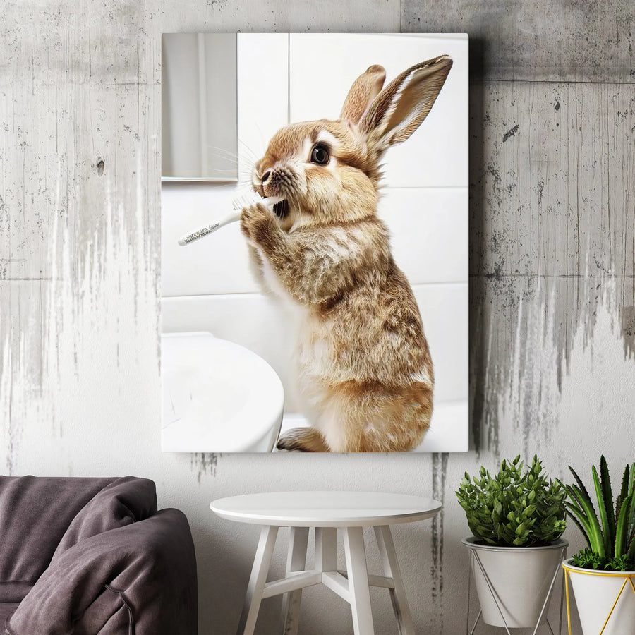 Rabbit Brushing Teeth Vertical Canvas | Funny Bathroom Decor | Premium High-Resolution Print | Kids Wall Art & Nursery Gift