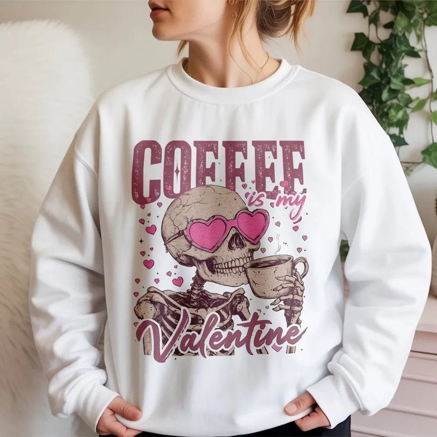 Coffee Is My Valentine Sweatshirt | Retro Skeleton Heart Glasses Design | Premium Cotton Blend | Funny Valentine's Day Gift For Coffee Lovers