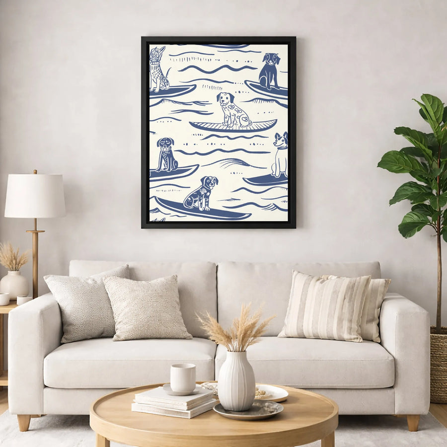 Surfing Dogs Wall Art | Blue and White Minimalist Pattern | Gallery-Quality Premium Canvas | Coastal Decor Gift for Dog Lovers