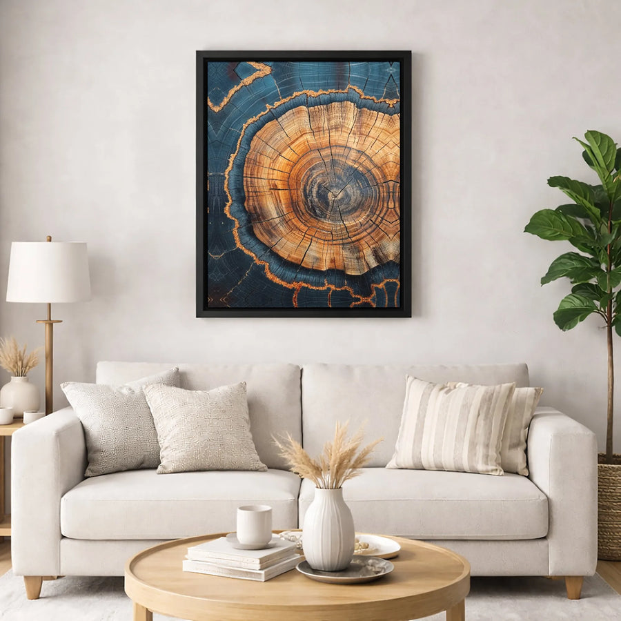 Abstract Tree Ring Canvas Wall Art | Blue and Gold Wood Slice Print | 1.25-Inch Thick Gallery Wrap | Modern Nature Home Decor Gift