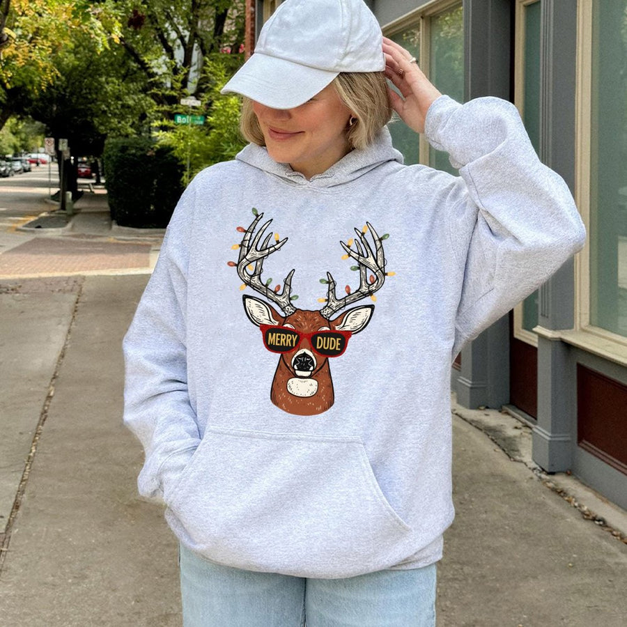 Merry Dude Reindeer Hoodie | Funny Christmas Deer with Lights Graphic | Cotton-Poly Premium Blend | Holiday Gift for Men and Women