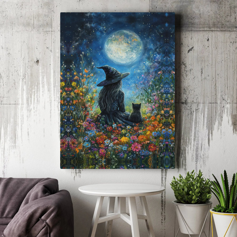 Witch and Black Cat Wall Art | Whimsical Full Moon Garden Print | Premium Gallery Wrap Canvas | Magical Home Decor Gift for Witchy Aesthetic Lovers