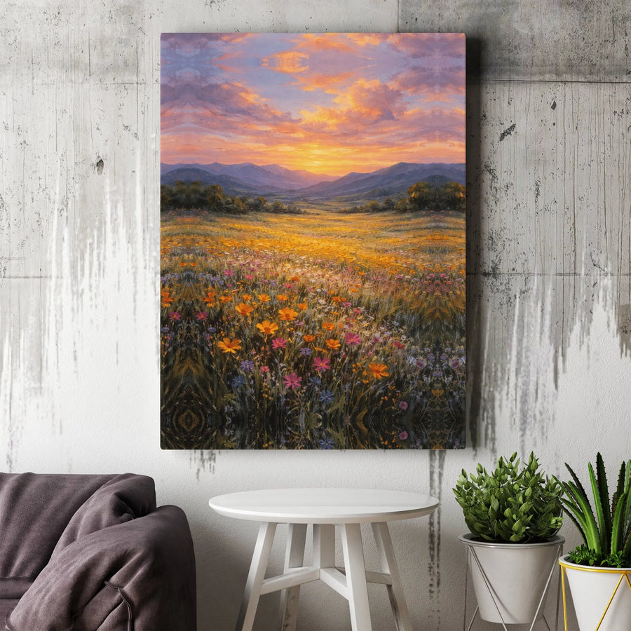 Wildflower Meadow Canvas Wall Art | Vibrant Sunset Mountain Landscape | Premium Gallery Wrapped Canvas | Boho Botanical Art Gift for Home Decor