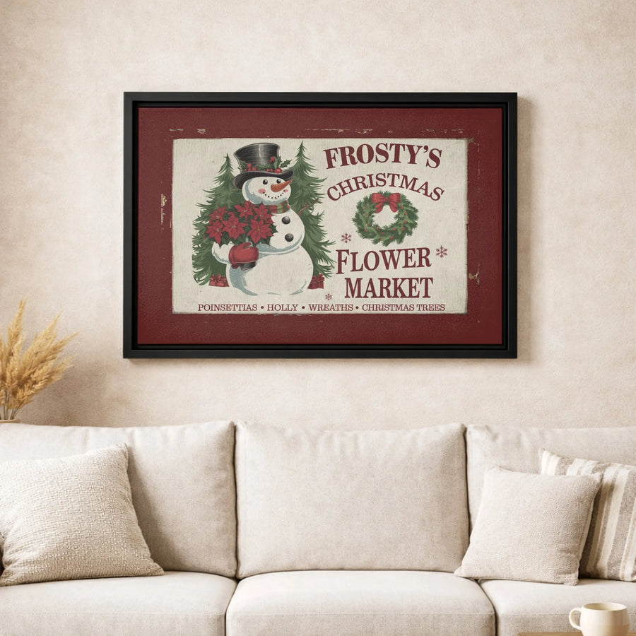 Christmas Wall Art Canvas | Vintage Snowman Poinsettia Flower Market | Premium Gallery Wrap Decor | Festive Holiday Home Gift