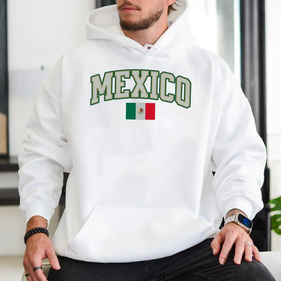 Mexico Hoodie | Vintage Collegiate Arch Graphic & Flag | Soft Cotton Blend Crewneck | Gift for Mexican Soccer Fan, Patriotic Pride Apparel