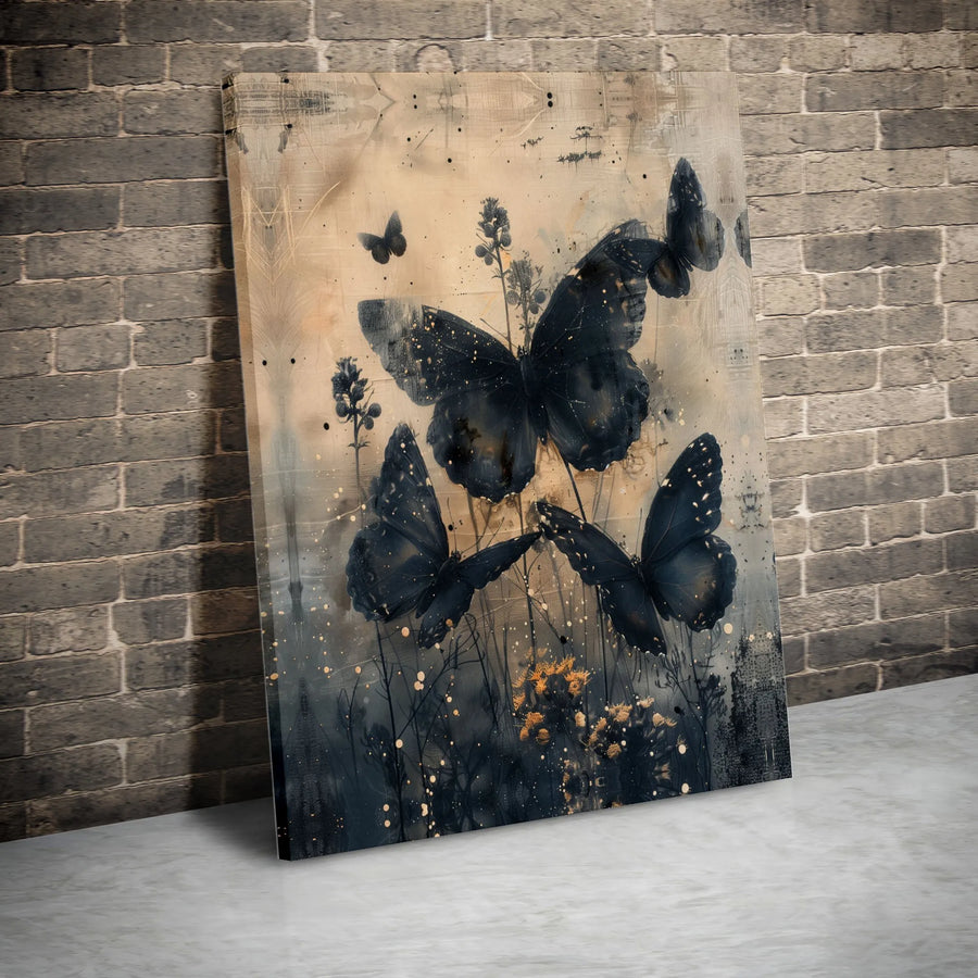 Butterfly Wall Art Canvas | Abstract Dark Floral Gold Splatter Print | Gallery-Quality 1.25 Inch Profile | Elegant Home Decor Gift For Nature Lovers