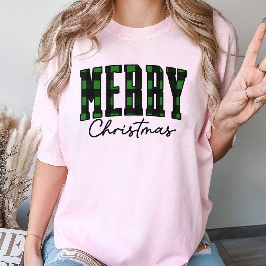 Merry Christmas T-Shirt | Green Plaid Buffalo Check Graphic | 100% Premium Cotton | Festive Holiday Gift for Family and Friends