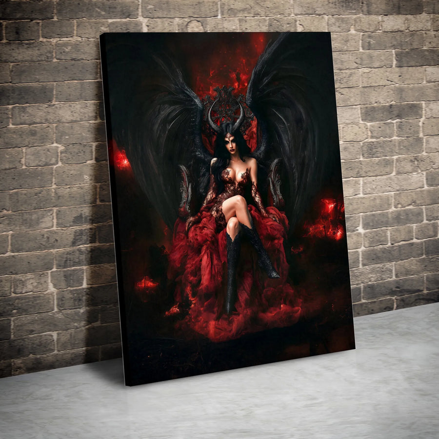 Gothic Demon Queen Canvas Wall Art | Dark Fantasy Winged Goddess on Throne | Premium 1.25" Gallery Wrap | Edgy Home Decor Gift for Fantasy Fans