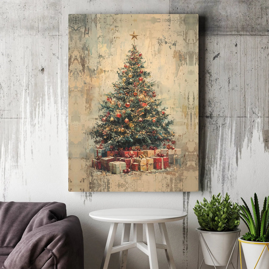 Rustic Christmas Tree Canvas Art | Vintage Festive Decor with Wrapped Gifts | Premium 1.25" Gallery Wrap | Holiday Wall Art for Home or Office Gift