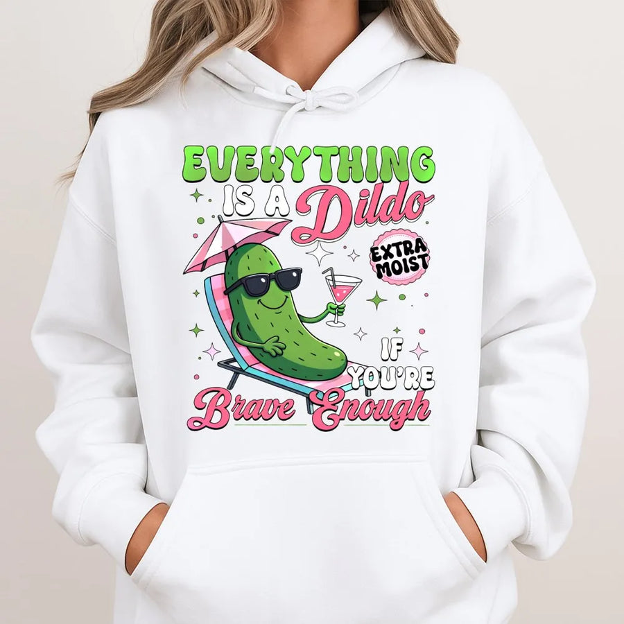 Funny Pickle Hoodie | 'Brave Enough' Meme Quote Graphic | Soft Cotton Blend | Adult Humor Gag Gift for Bachelorette Party