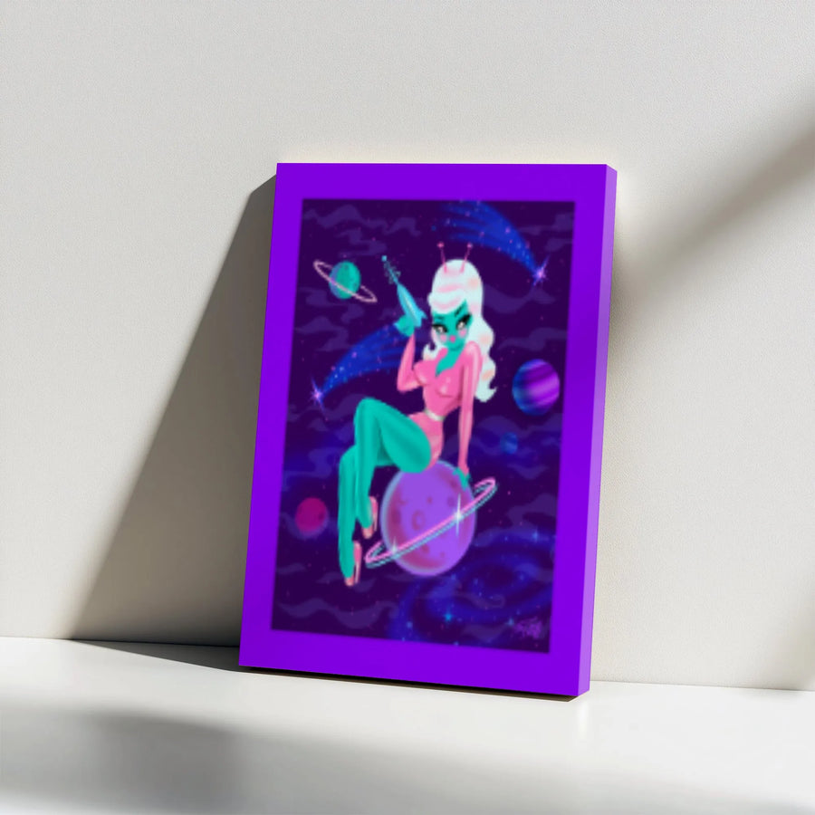 Retro Sci-Fi Pin-Up Alien Canvas | Galactic Space Girl with Ray Gun | Premium Gallery Wrapped Wall Art | Unique Gift for Space Lovers