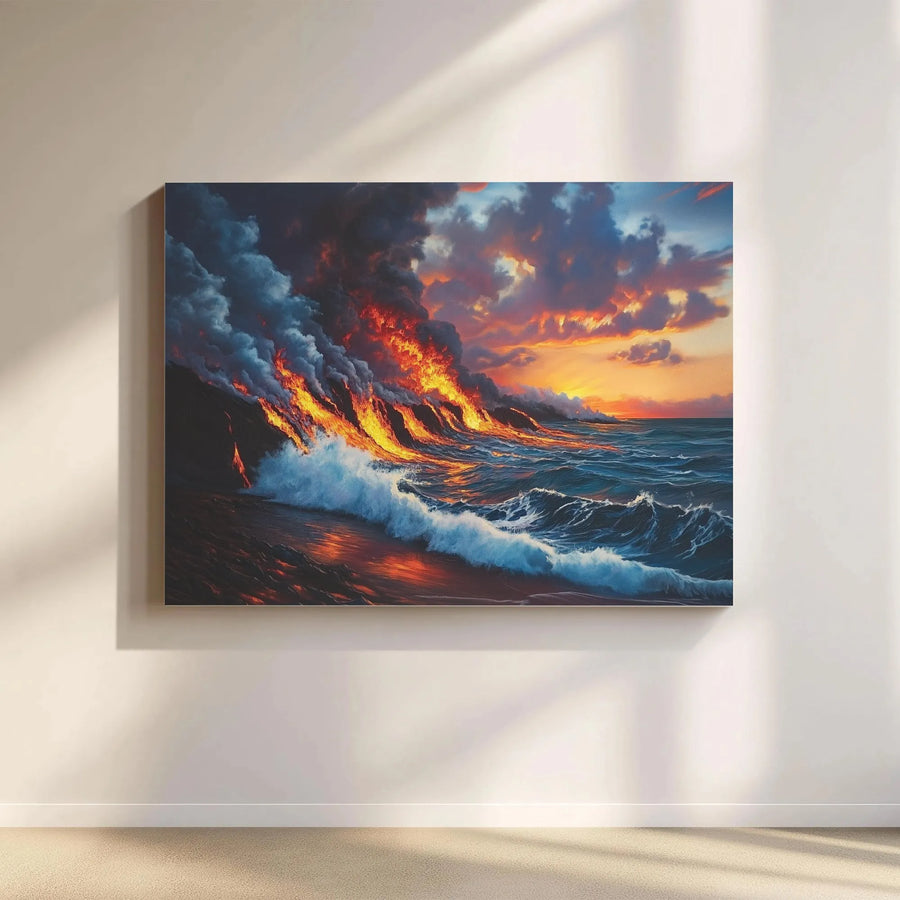 Volcano Ocean Canvas Wall Art | Fiery Lava Flow Sunset Landscape | 1.25" Gallery Wrap Premium Print | Dramatic Nature Decor for Home or Office